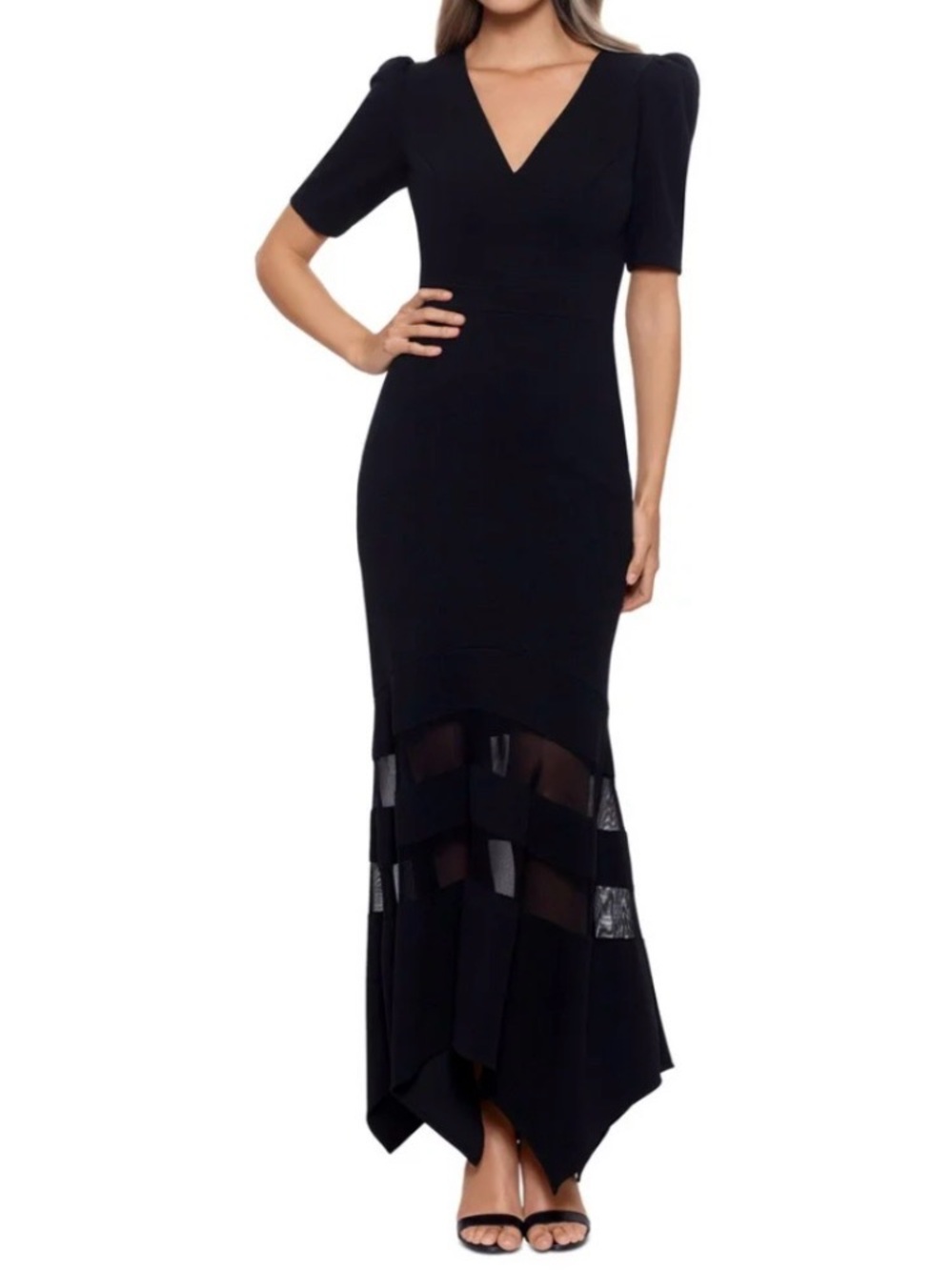 XSCAPE Black Tea Length Asymmetric Dress Short Puff Sleeve V Neck Size 4